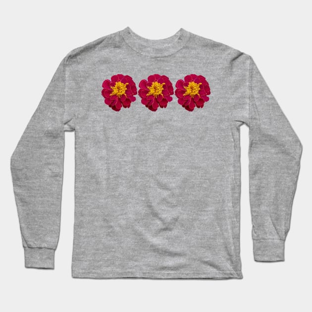 Three Red Marigold Flowers Floral Photo Long Sleeve T-Shirt by ellenhenryart